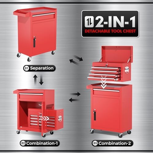 INTERGREAT Tool Chest, 5 Drawers Rolling Tool Chest with Detachable Top Tool Box, Tool Chests with Universal Lockable Wheels, Metal Tool Cart for Garage, Workshop, Barbershop, Red
