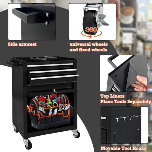 13 Drawers Tool Chest with Wheels,Large Capacity Tool Storage Cabinet with Removable Top Toolbox, Locking Mechanical Tool Cart with Liner,Suitable for Garages, Warehouses-Black
