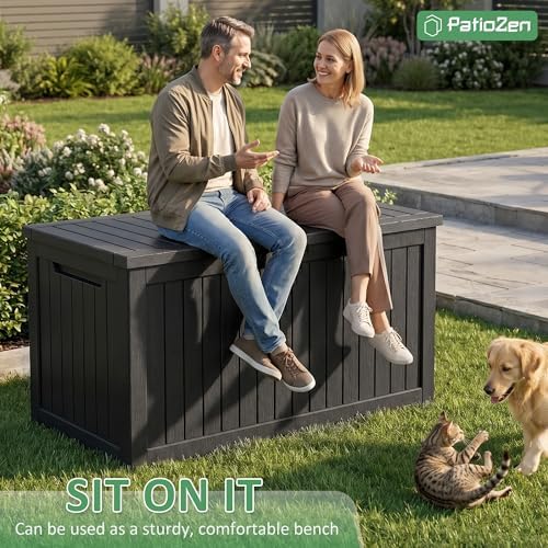 PatioZen 310 Gallon Deck Box Lockable Waterproof UV Resistant Black