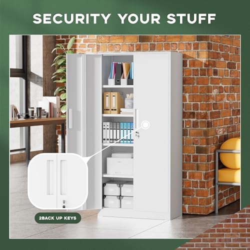 Greenvelly White Metal Storage Cabinet for Garage, 72” Steel Locking Cabinet with Doors and 4 Shelves, Tall Tool Cabinets for Garage Storage Systems Lockable File Cabinet for Home Office, Classroom