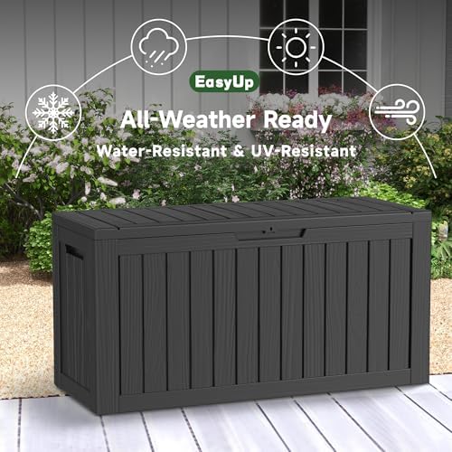 EasyUp 90 Gallon Outdoor Storage Box Waterproof, UV Resistant Resin Deck Box with Hydraulic Rod, Reinforced Stability for Patio, Garden, Striped Black
