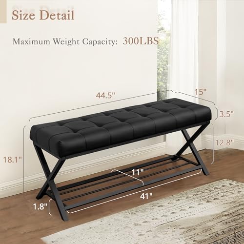 LUE BONA 44.5” End of Bed Bench with Shelf, Linen Tufted Upholstered Storage Shoe Bench, Modern Bedroom Bench with Metal Legs for Living Room, Entryway, Dining Room, 300 LB, Black