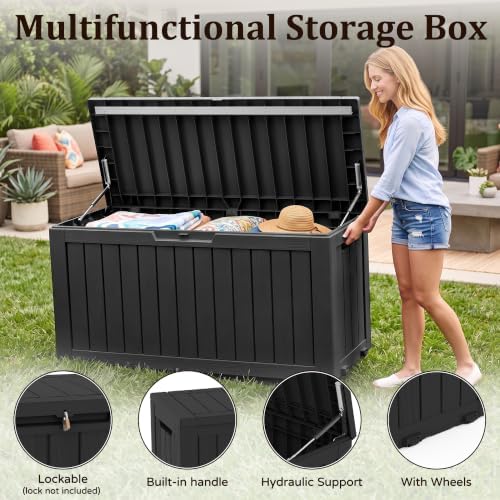 Outdoor Storage Box,140 Gallon Lockable Deck Box with Wheels,Black