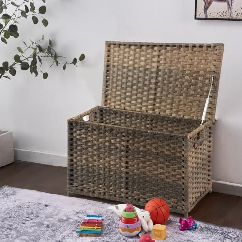 Wicker Storage Trunk, Large Storage Basket with Lid, Retro Brown