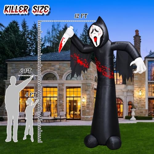 12FT Halloween Inflatable Decorations, Grim Reaper Ghost with Knife, 6 LED Lights, Spooky Face Scary Halloween Party Decorations, Large Blow Up Outdoor Yard Decor for Lawn Garden Party Graveyard
