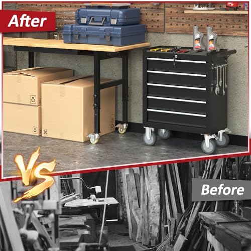 5 Drawers Rolling Tool Chest with Wheels, Portable Rolling Tool Boxes with Wheels, Tool Box Storage Cabinet with Locking System for Garage (Black, 5 Drawers)