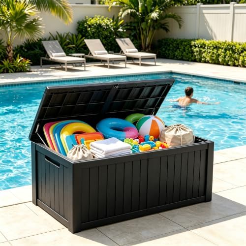 199 Gallon Large Resin Outdoor Storage Box, Waterproof Deck Box with Lockable Lid, Outside Storage Box for Patio Furniture, Pool Accessories, Garden Tools, Storage Bench for Backyard, Porch, Black
