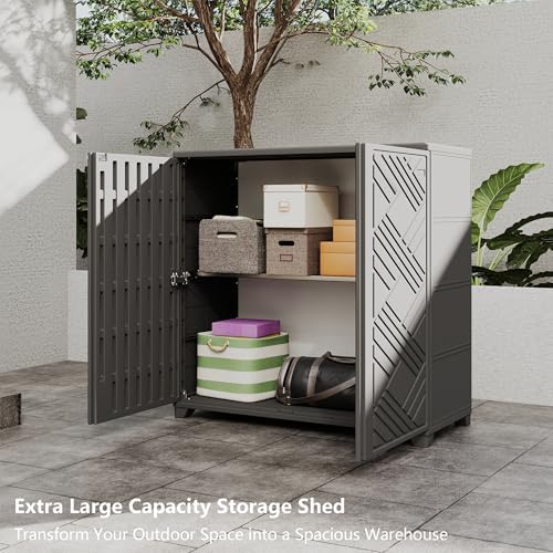 Diamond Cabinet with 1 Shelf, Black 33.5×15.1×34.3 Inch - Waterproof UV-Resistant Outdoor Storage for Patio, Poolside & Indoor - Store Brooms Trash Bins
