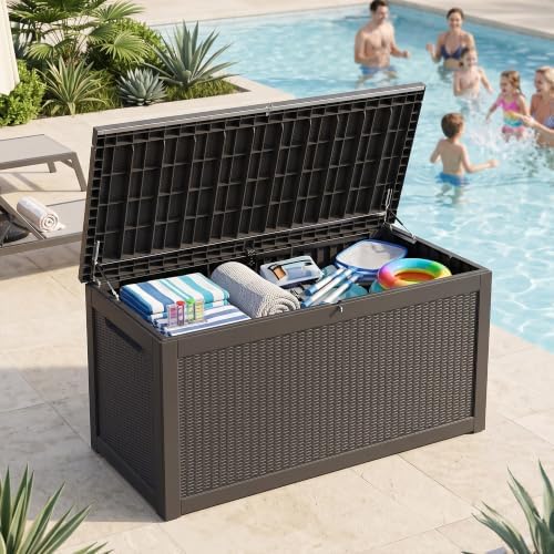350 Gallon Outdoor Storage Box, Extra Large Waterproof Resin Deck Box with Lockable Lid Storage Bin for Patio Furniture Cushion, Garden Tools, Pool Accessories, UV-Resistant Outside, Black