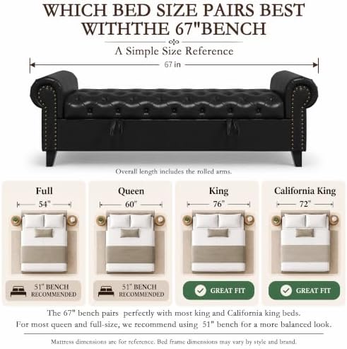 67 Inch Faux Leather Storage Bench with Rolled Arms, Chesterfield Tufted Ottoman Bench with Nailhead Trim, Upholstered End of Bed Bench for Bedroom, Entryway and Living Room, Black
