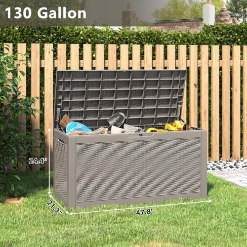 130 Gallon Deck Box,Lockable Outdoor Storage Box Gas Lift,Waterproof,Grey