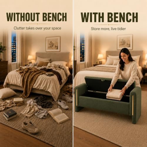 52" Upholstered Storage Bench, Green, Armrests, Wood Frame