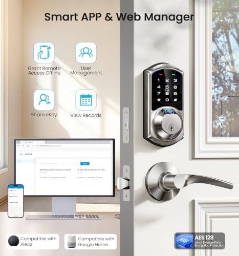 Veise VE07 Fingerprint Smart Deadbolt Lock, App Control, Fobs, Satin Nickel
