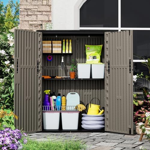 ZZM 57 Cu.ft Outdoor Storage Shed HDPE Storage Cabinet, Double-Wall Resin Sheds with Floor Vertical Lockable Sheds Garden Tools Trash Can, Lawn Mower, Bike Storage, Waterproof, Brown