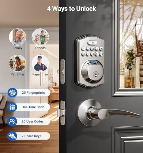 Veise Fingerprint Door Lock with 2 Door Knobs and Veise Fingerprint Door Lock with 2 Door Levers - Satin Nickel