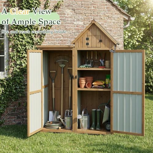 Outdoor Storage Cabinet Weatherproof with 3 Adjustable Shelves, 66'' H Wood & Metal Storage Shed with Lockable Doors & Waterproof Roof, Outside Garden Tool Sheds, Brown