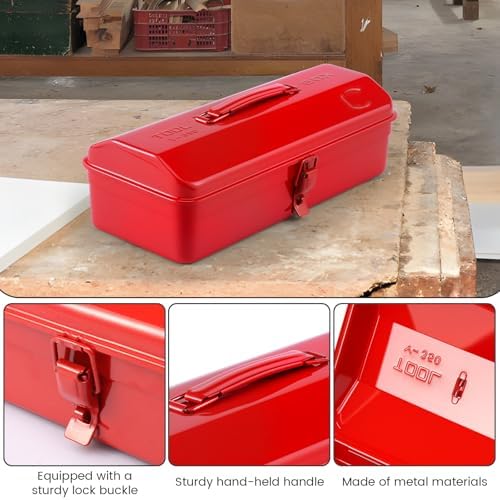 Large Metal Tool Storage Box with Handle for Workshop,15 inches Portable Tool Case with Lid，Locking Organiser Box for Hardware Part(red)