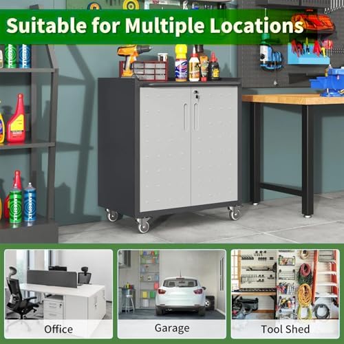 Garage Tool Storage Cabinet with Wheels & 2 Lockable Doors,Gray