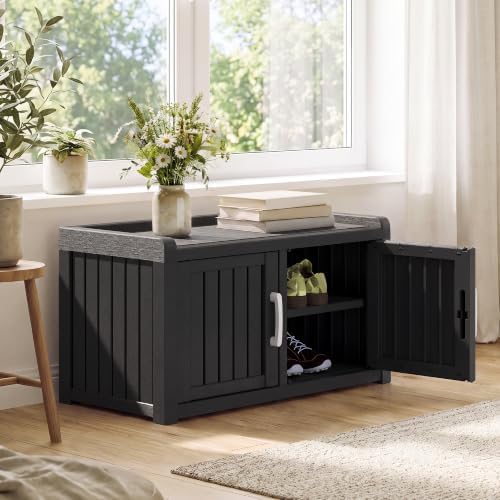 2-Tier Storage Bench, Waterproof UV-Resistant Outdoor Shoe Storage Cabinet with 2 Doors & Adjustable Shelves for Indoor Outdoor Entryway, Hallway, Living Room (Black)
