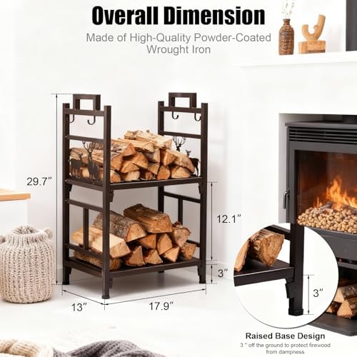 Outvita 2 Tier Firewood Log Rack, Iron Lumber Storage Holder, Wood Pile Stacker Organizer for Indoor Outdoor Fireplace Fire Stove Pit With 4 Fire Tools Hanging Hooks Christmas Elements Brown