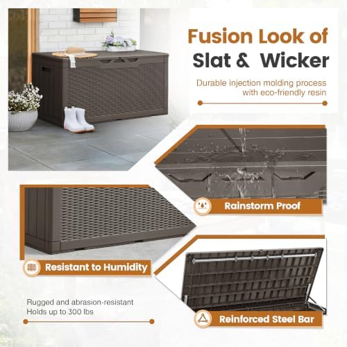 Greesum 100 Gallon Resin Patio Storage Box for Garden Tools, Dark Brown