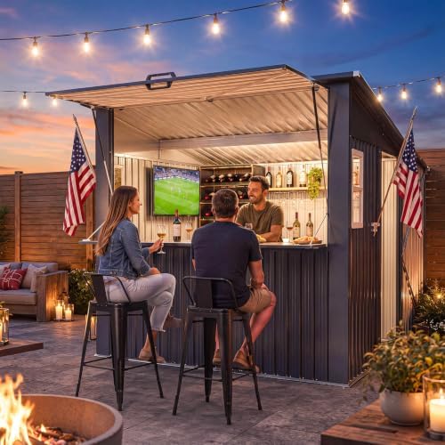Aoxun 8x7 FT Outdoor Bar Shed with Canopy with 50 FT Solar Sting Lights