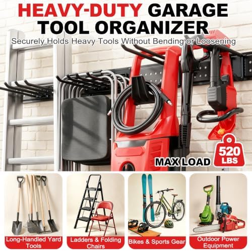 Garage Tool Organizer Wall Mount 66 inches with 13 Adjustable Heavy-Duty Hooks, Garage Organization, Garden Tool Storage Rack, Yard, and Shed, Holds Up to 520 lbs