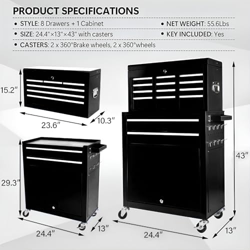 Dawmilon 8-Drawer Rolling Tool Chest, Detachable 2-in-1 Tool Box with Wheel