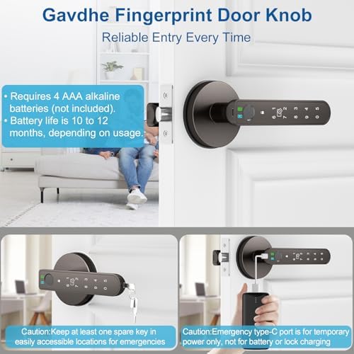 Fingerprint Door Lock, Smart Biometric Door Knob with App, Black