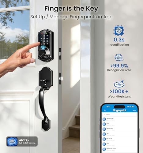 Veise VE07-H Fingerprint Smart Lock for Front Door Handle Set, Matte Black