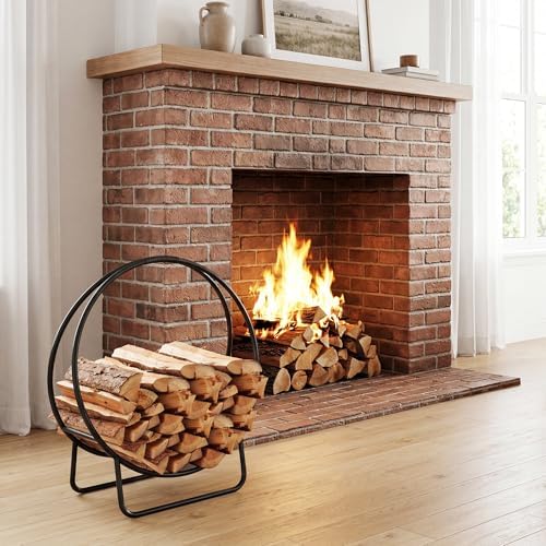 HAPPYGRILL 20” Firewood Log Hoop, Heavy Duty Metal Firewood Rack w/U-shaped Stand, Indoor Outdoor Round Wood Storage Holder for Fireplace, Patio, Deck, Backyard, Black Powder Coated, No Assembly