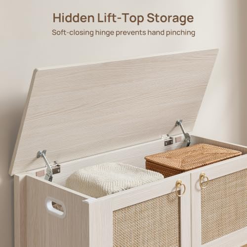 SICOTAS Rattan Storage Bench Boho Storage Chest with 2 Safety Hinges