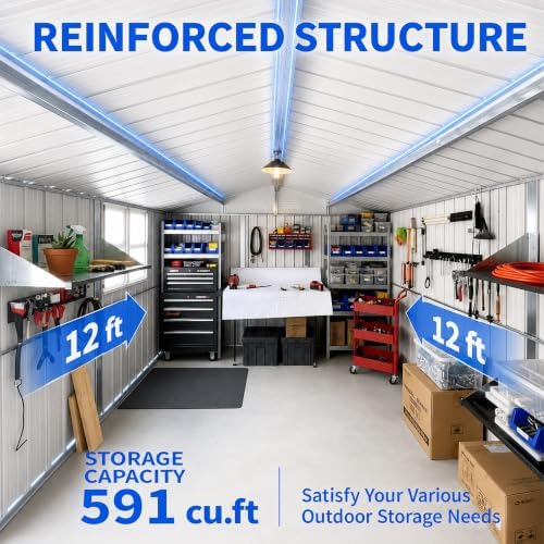 10x12 FT Outdoor Storage Shed, Large Metal Garden Shed with Window & Hinged Door, Upgraded Outside Tool Shed with Foldable Worktable & 2 Shelves, Waterproof Storage Building for Backyard, Gray