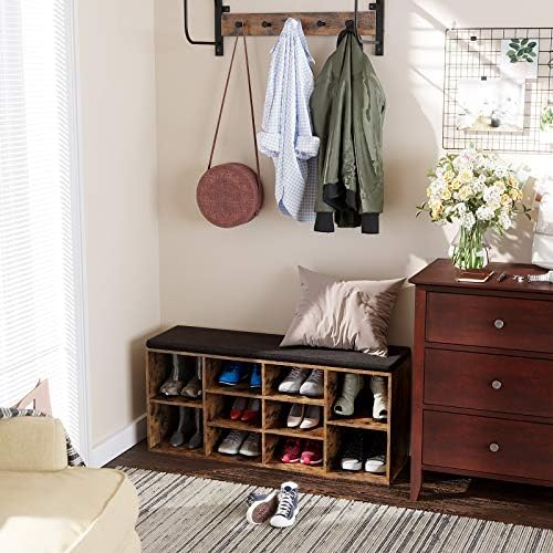 VASAGLE CUSTOS Collection - Shoe Bench, Storage Bench with Padded Seat, Entryway Bench with 10 Compartments, for Bedroom, 11.8 x 40.9 x 18.9 Inches, Rustic Brown and Chestnut Brown ULHS010X01