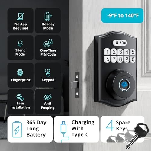 Miko i9 Keypad Door Lock with Handle Set – Fingerprint Keyless Entry Front Door Lock, Electronic Deadbolt with Lever Handle for Exterior Door, Auto-Lock, 100 Fingerprints and Codes (Matte Black)
