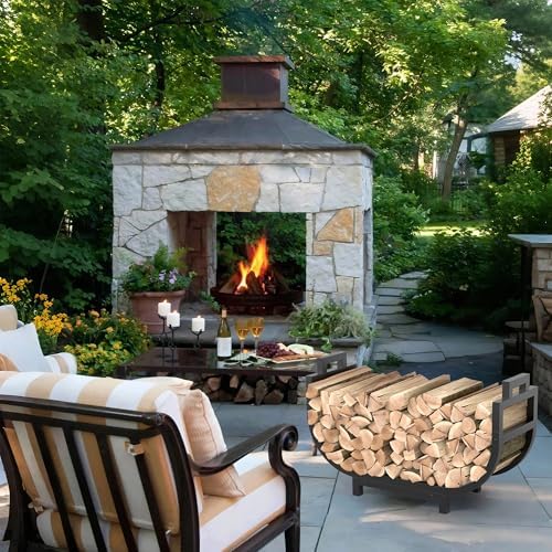 34 Inch Firewood Rack Outdoor Indoor with Handle and Log Carrier Bag, Stable Metal Wood Rack Heavy Duty Log Holder for Fireplace Patio Deck, Rustproof Firewood Storage Organizer Tool, Black