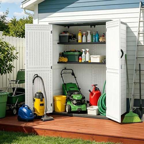 ZYJOYY Outdoor Storage Shed, 59 Cuft Outside Waterproof Storage Cabinet, HDPE Resin Plastic 385 Gallon Outdoor Storage Container, Vertical Lockable Storage Shed (Light Grey, 59 cuft/No Shelves)