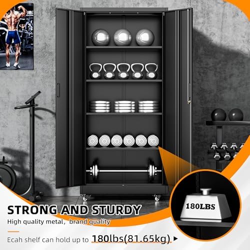 Bonusall Garage Cabinets with Wheels, 73" H Metal Locking Cabinet with 2 Doors and 4 Shelves, Storage Cabinet on Wheels for Home Office,Warehous, School(Black