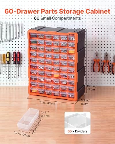 VEVOR 60-Drawer Storage Organizer, Plastic, Drawer Storage Cabinet for Garage Organization, Stackable Small Parts Organizer, Wall-Mounted Toolbox, for Hardware, Beads, Screws, Crafts, Building Bricks
