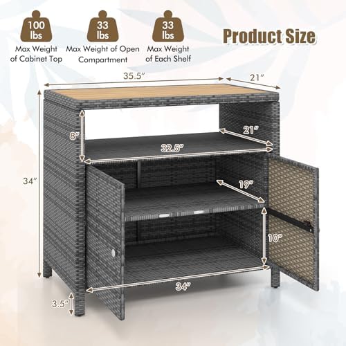 Rattan Storage Cabinet, Outdoor & Indoor Sideboards with Acacia Wood Countertop & Open Compartment, Wicker Patio Buffet Storage Bar Table for Garden Kitchen Poolside Backyard (Grey)