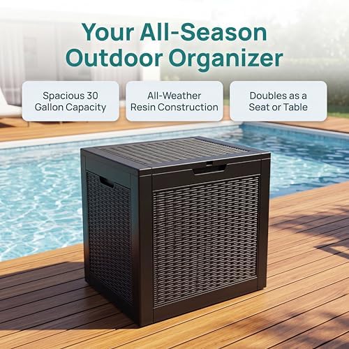 NicBex 30 Gallon Deck Box, Waterproof Resin Rattan Outdoor Storage Box Lockable for Patio Furniture, Fade Resistant Patio Side Table & Organizer for Garden Tools, Pool Floats, Outdoor Cushions, Black