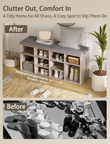 DINZI LVJ Shoe Storage Bench with Cushion, 40.9" Cubby Shoe Rack, 12-Cubby