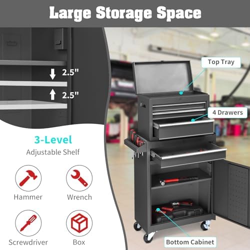 Winado 4-Drawer Rolling Tool Chest, 2-in-1 Large Storage Toolbox, Black