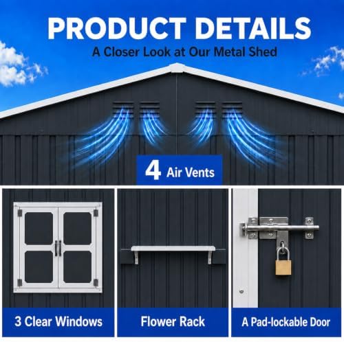 12x10 FT Outdoor Storage Shed with 3 Clear Windows, Metal Garden Shed with Flower Rack & Basket, Outside Tool Shed with Lockable Single Door, Waterproof Storage Building for Backyard, Coal Gray