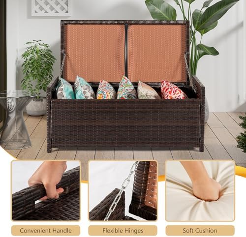PROHIKER 2-in-1 Wicker Deck Box Bench, All-Weather 55 Gallon Outdoor Storage Box with Cushions and Waterproof Bag, Rattan Storage Bench for Pool Tools, Outdoor Equipments and Garden Tools, Brown/Beige
