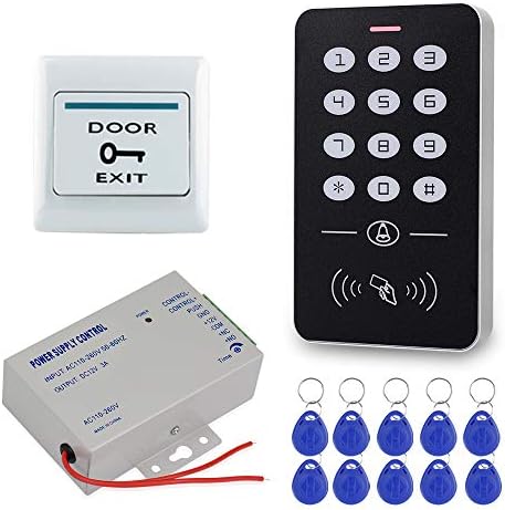 Access Control System Kit 125KHz RFID Keypad + DC12V 3A Power Supply Controller + Door Exit Button + 10pcs Keyfobs Card for Home Alarm Wooden/Metal/Glass Door