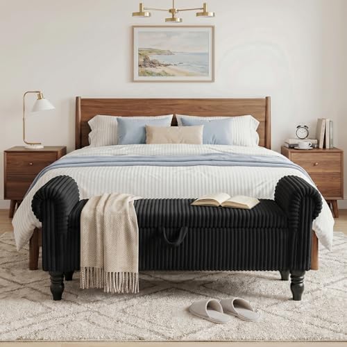 55" Storage Ottoman Bench, Corduroy End of Bed Bench for Bedroom, Black