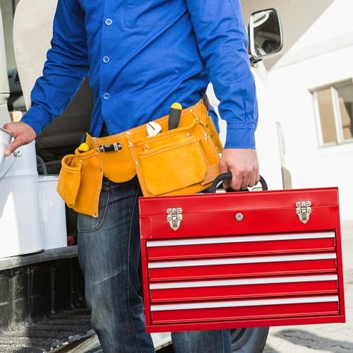 4 Drawers Metal Tool Box Portable Steel Tool Chest with Metal Latch Closure & Key Lock, 20" Powder Coating Top Storage Tray Toolbox with Handle, Suitable for Repair Shop & Garage (Red)