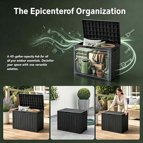 Outdoor Storage Box Resin Deck Box Waterproof Black 51 Gallon