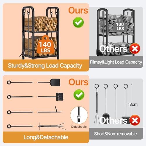 Vailge Firewood Rack Indoor with 4 Pieces Long&Detachable Fireplace Tools, Heavy Duty Steel 2-Tier Firewood Holder Storage, Log Rack for for Fireplace, Fire Pit, Wood Stove Black